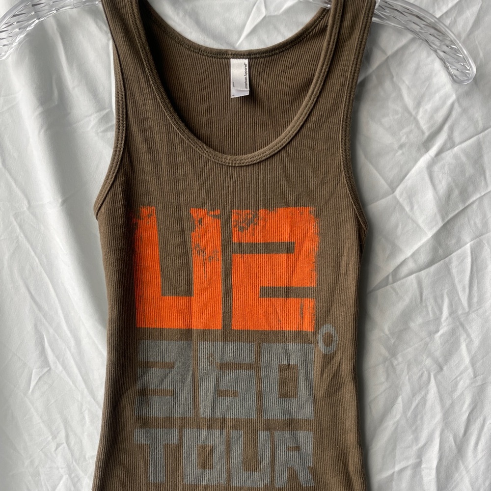 Y2K | U2's 360° Tour Deep Olive Ribbed Tank with Orange & Gray Graphic | Small